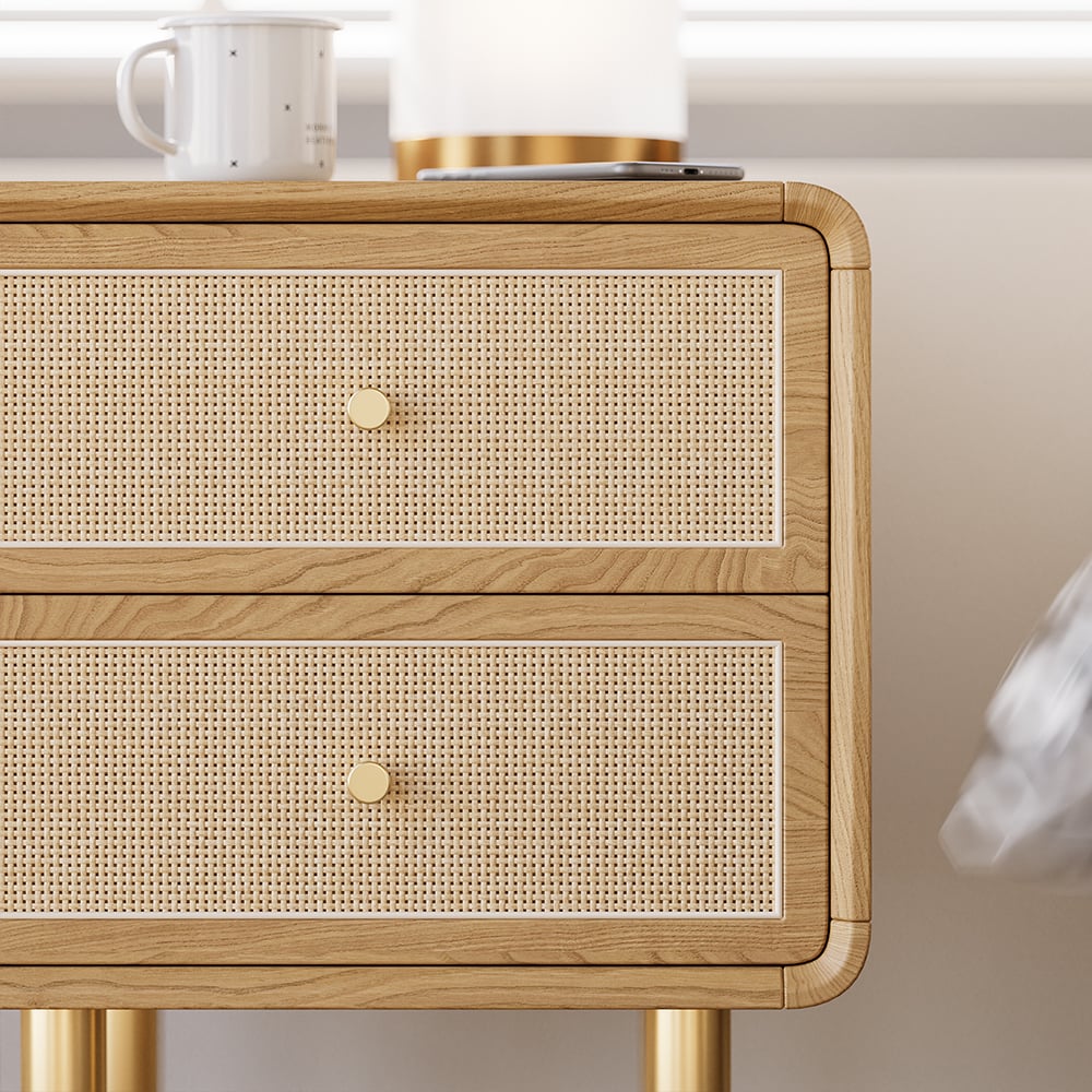 Perguntas e respostas para Mesa de cabeceira moderna Tural Mid Century Mesa de cabeceira natural de 2 gavetas em madeira de freixo e rattan