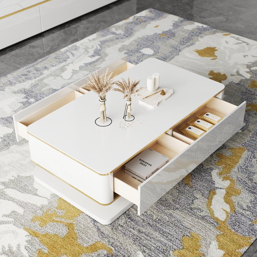 Questions and Answers for Gapn 1300mm White Rectangular Coffee Table with Storage 4 Drawers Tempered Glass Top