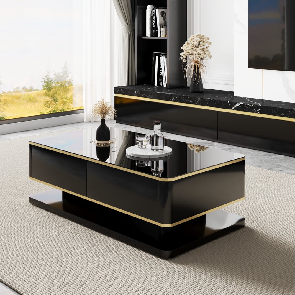 Questions and Answers for Gapn 1300mm Black Rectangle Modern Coffee Table with Storage 4 Drawer Tempered Glass Top