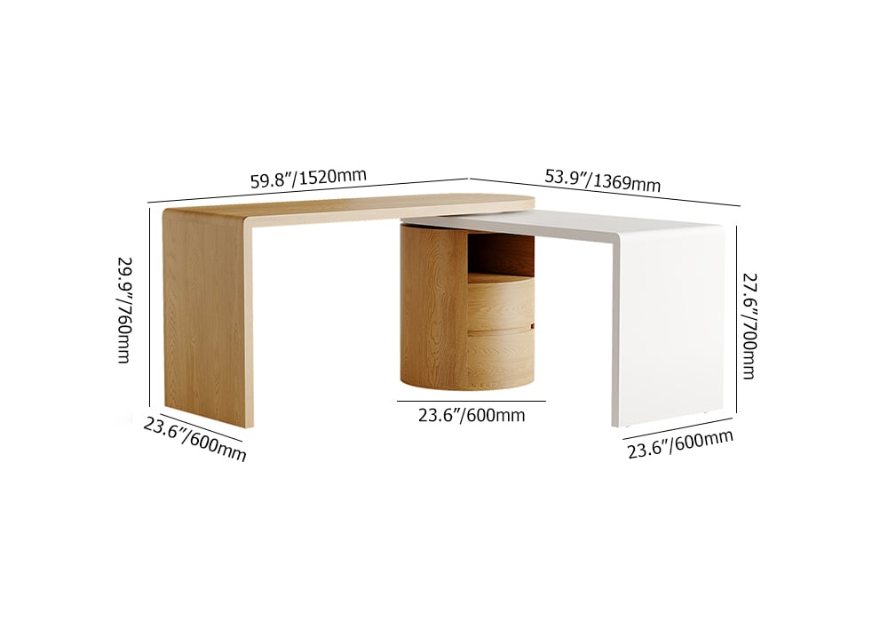Modern Rotating L Shaped Executive Desk with Cabinet & 2 Drawers  (59.8'') weights dimensions image