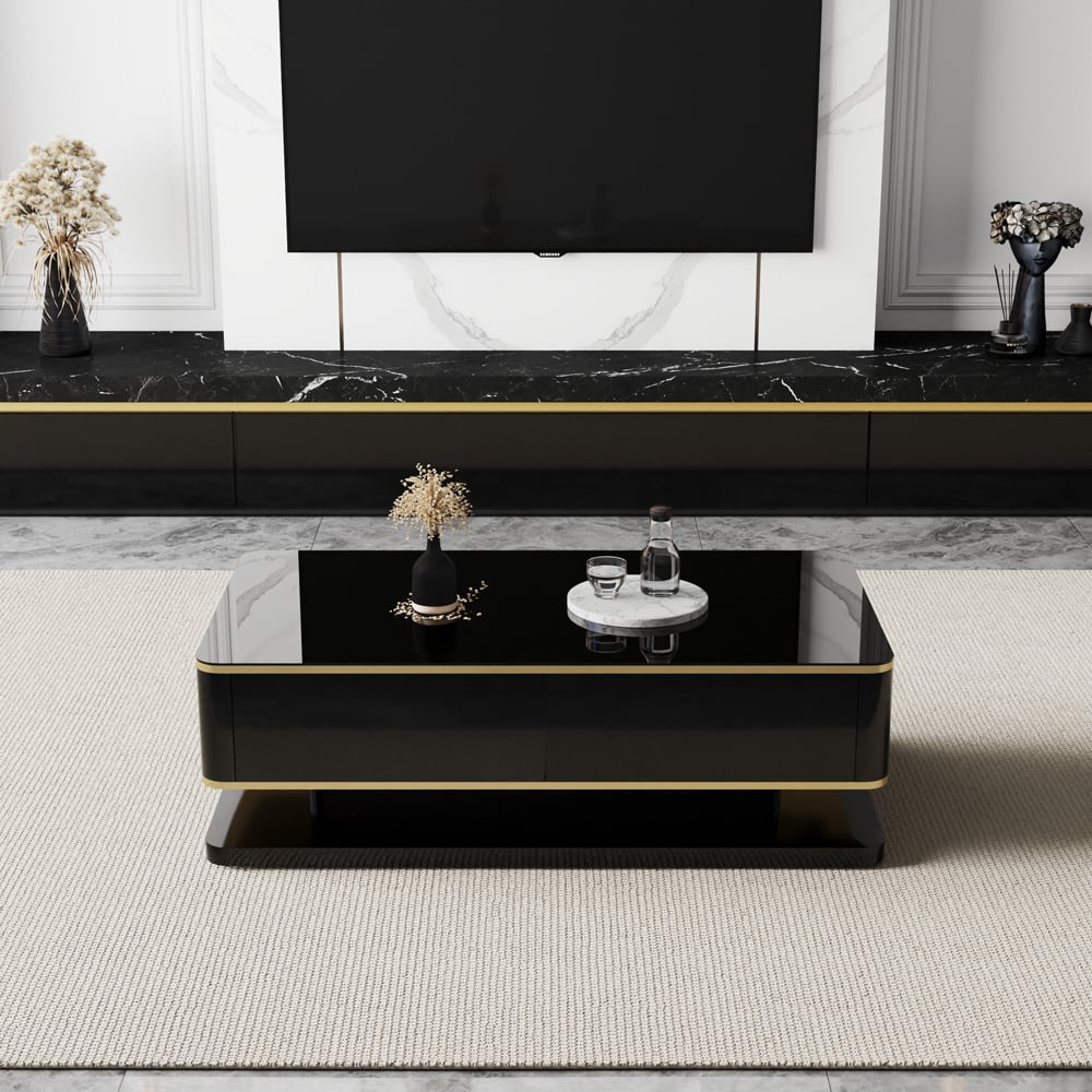 Questions and Answers for Gapn 1300mm Black Rectangle Modern Coffee Table with Storage 4 Drawer Tempered Glass Top