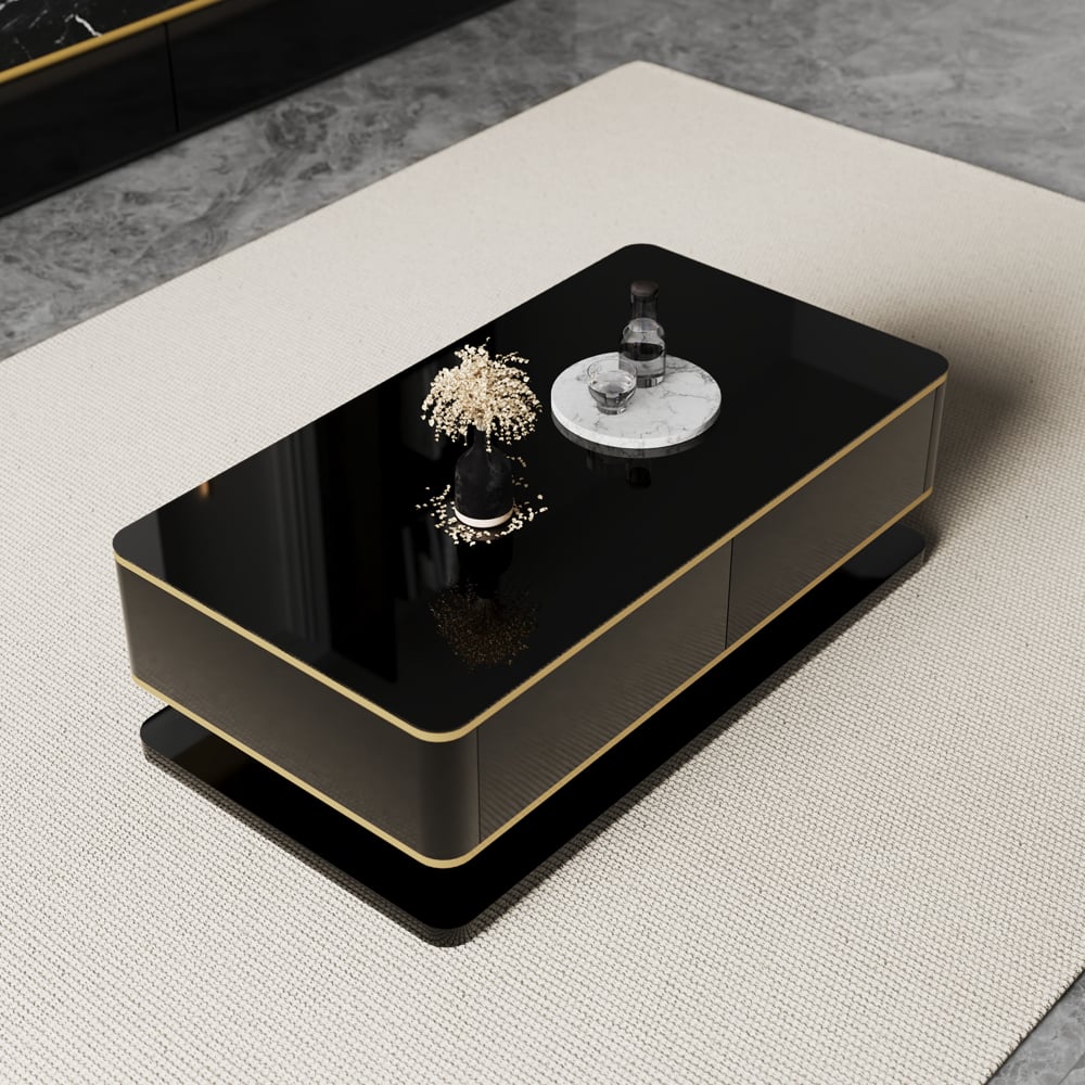 Questions and Answers for Gapn 1300mm Black Rectangle Modern Coffee Table with Storage 4 Drawer Tempered Glass Top