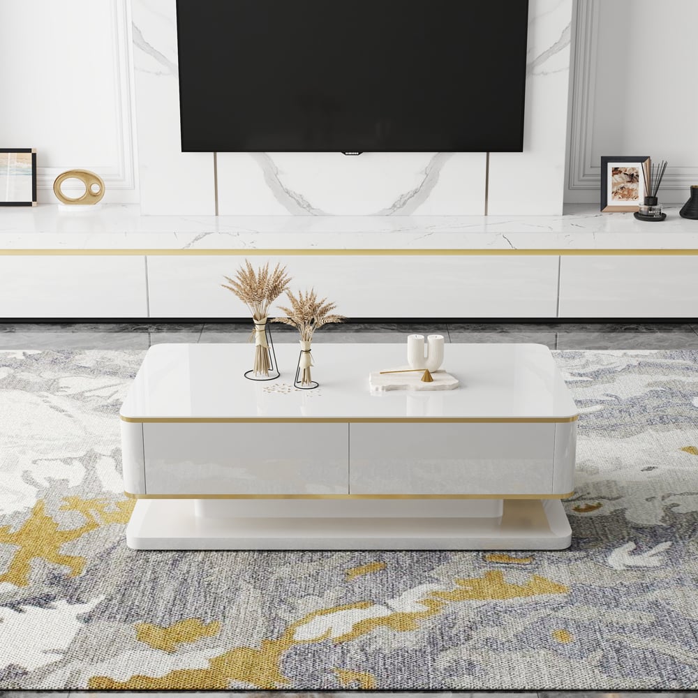 Questions and Answers for Gapn 1300mm White Rectangular Coffee Table with Storage 4 Drawers Tempered Glass Top