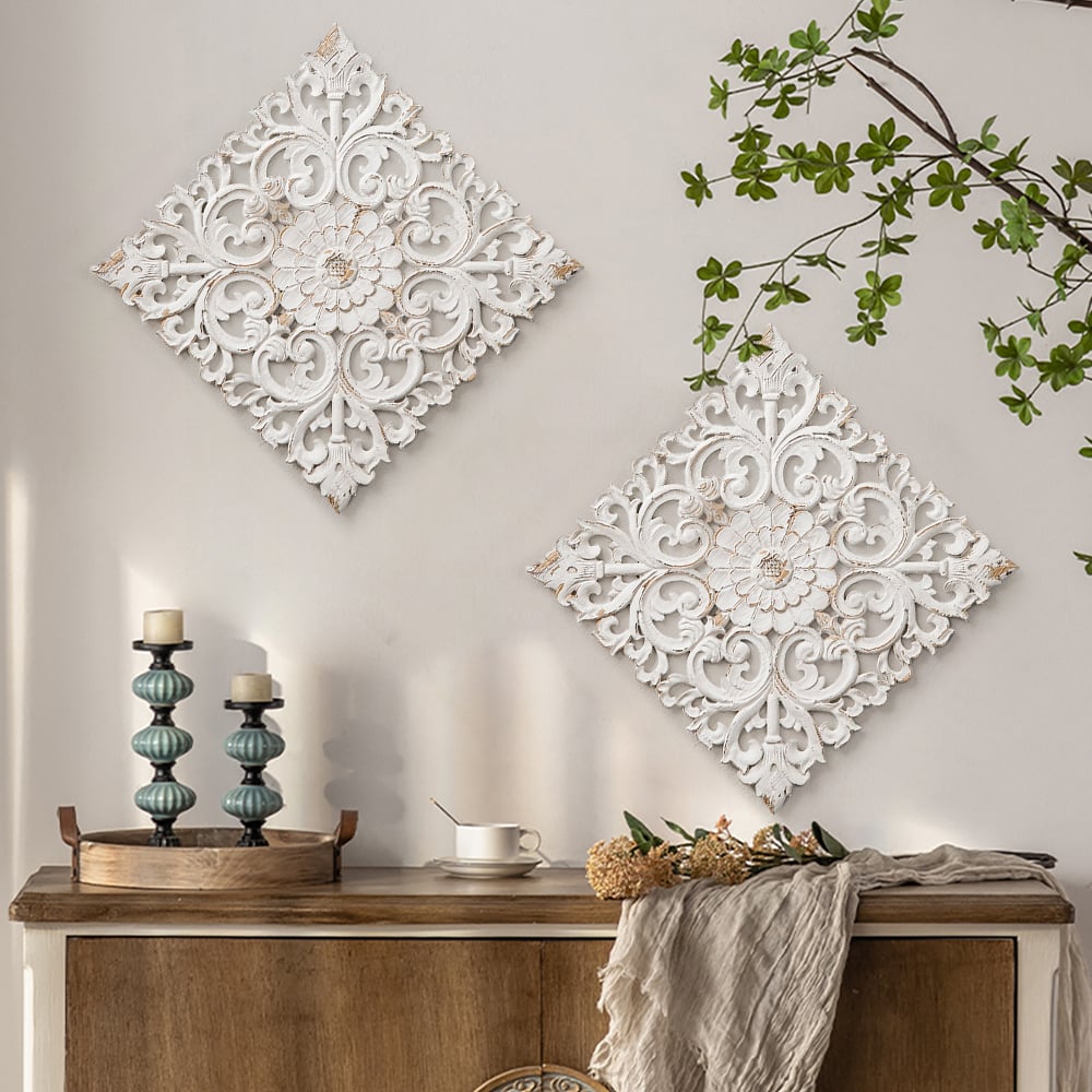 Questions and Answers for 560mm French Country Square Wood Wall Decor Distressed White Carved Flower