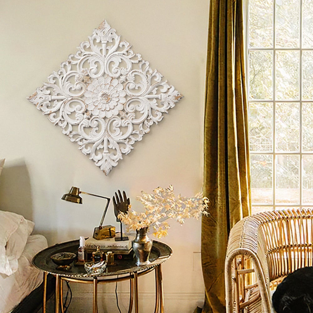 Questions and Answers for 560mm French Country Square Wood Wall Decor Distressed White Carved Flower