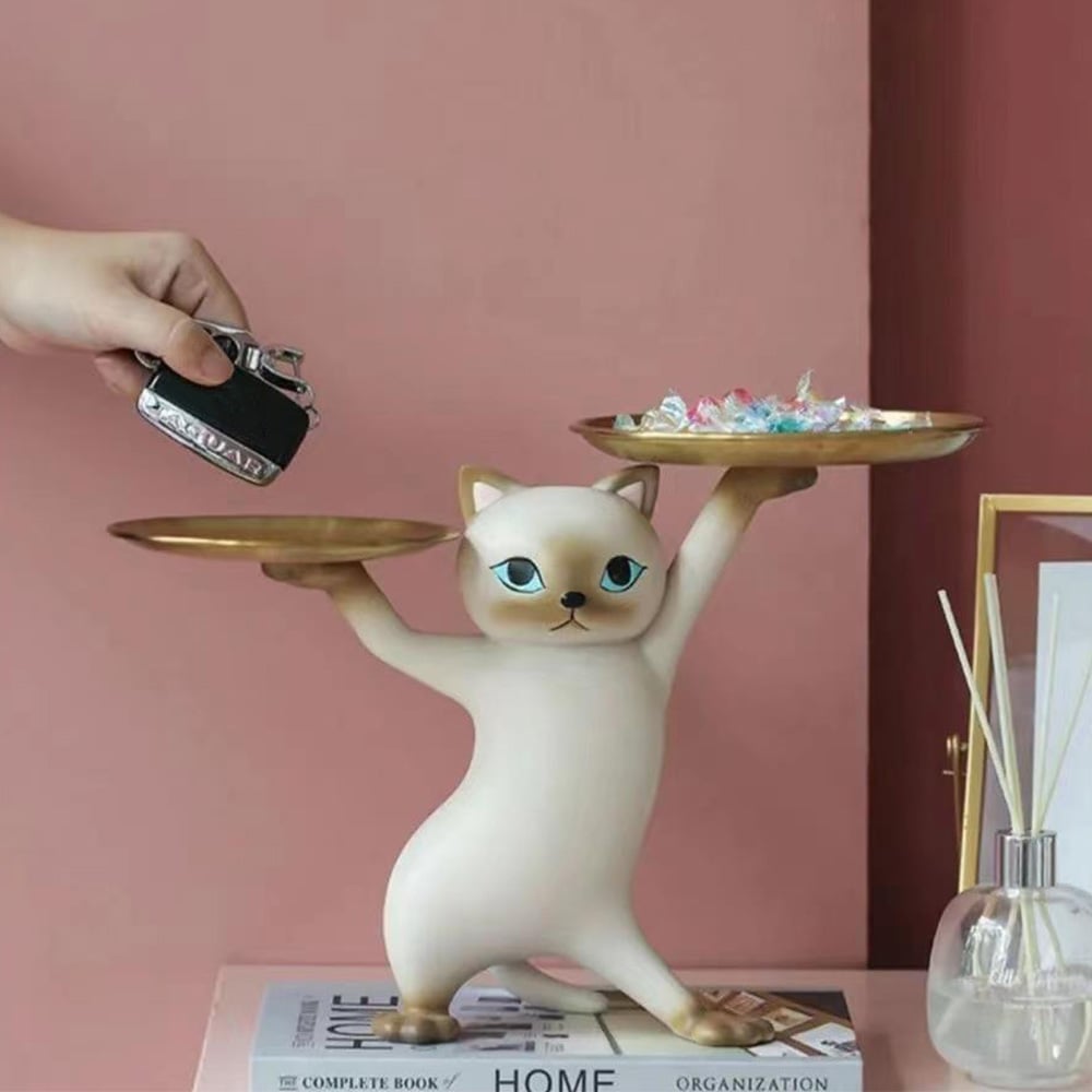 Questions and Answers for Modern Cat Resin Figurine with Gold Desk Storage Tray