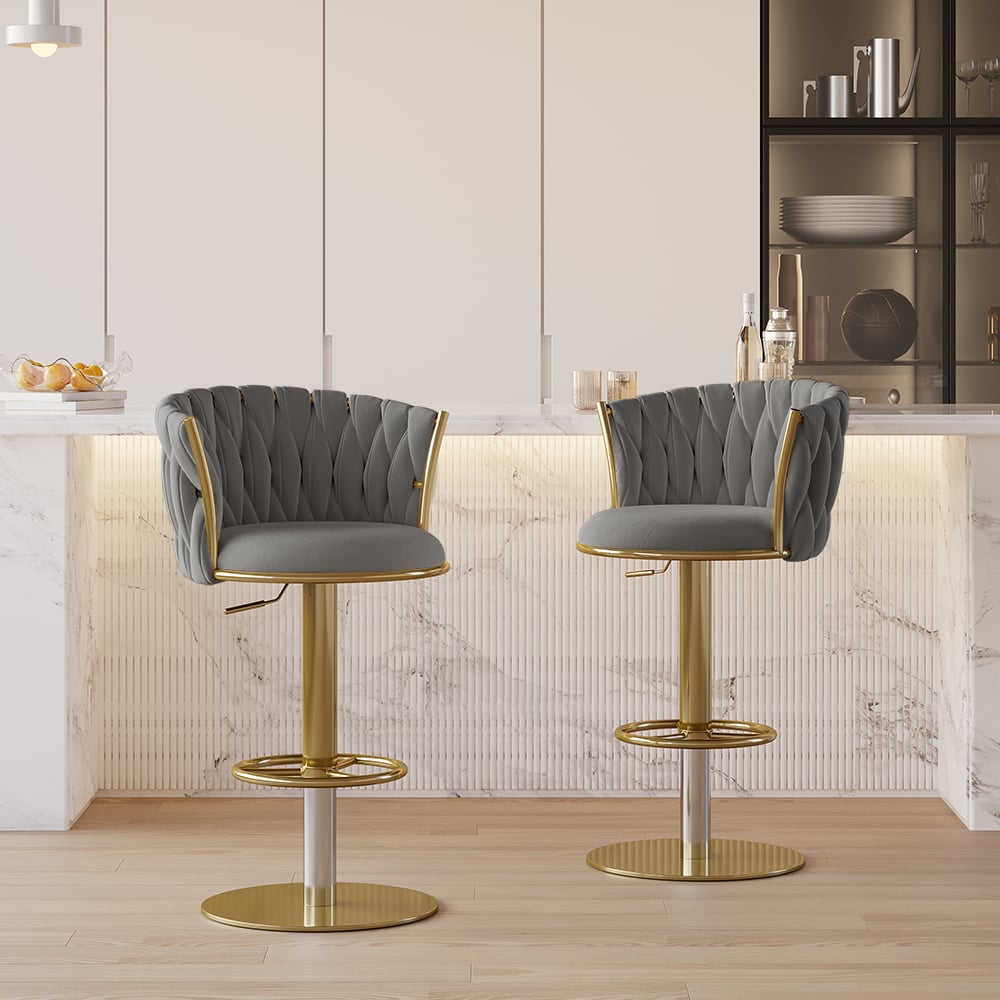 Questions and Answers for Sweave Set of 2 Grey Swivel Bar Stools Velvet Curved Back Adjustable Height