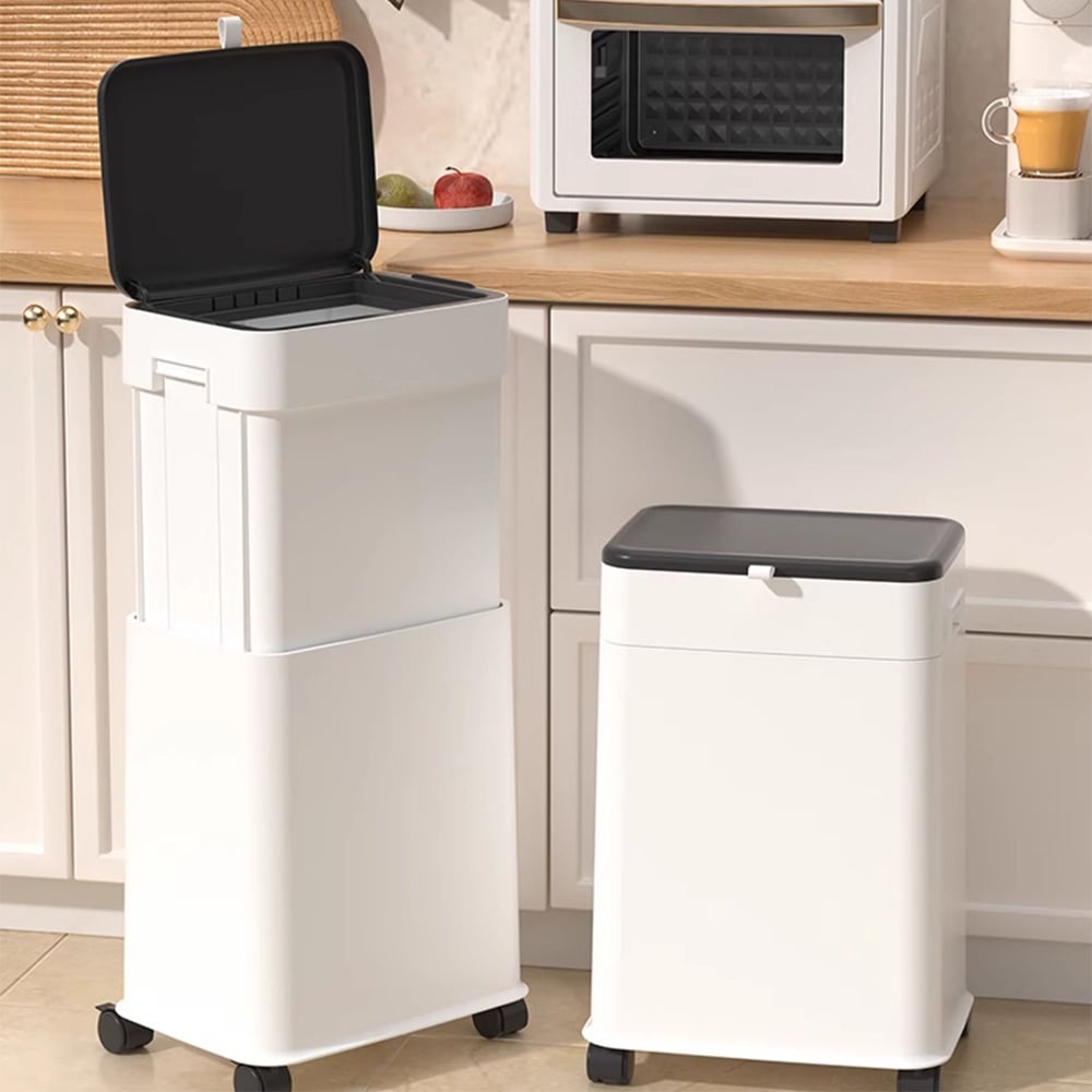 Avis Clients sur Poubelle de cuisine blanche relevable, poubelle roulante avec couvercle