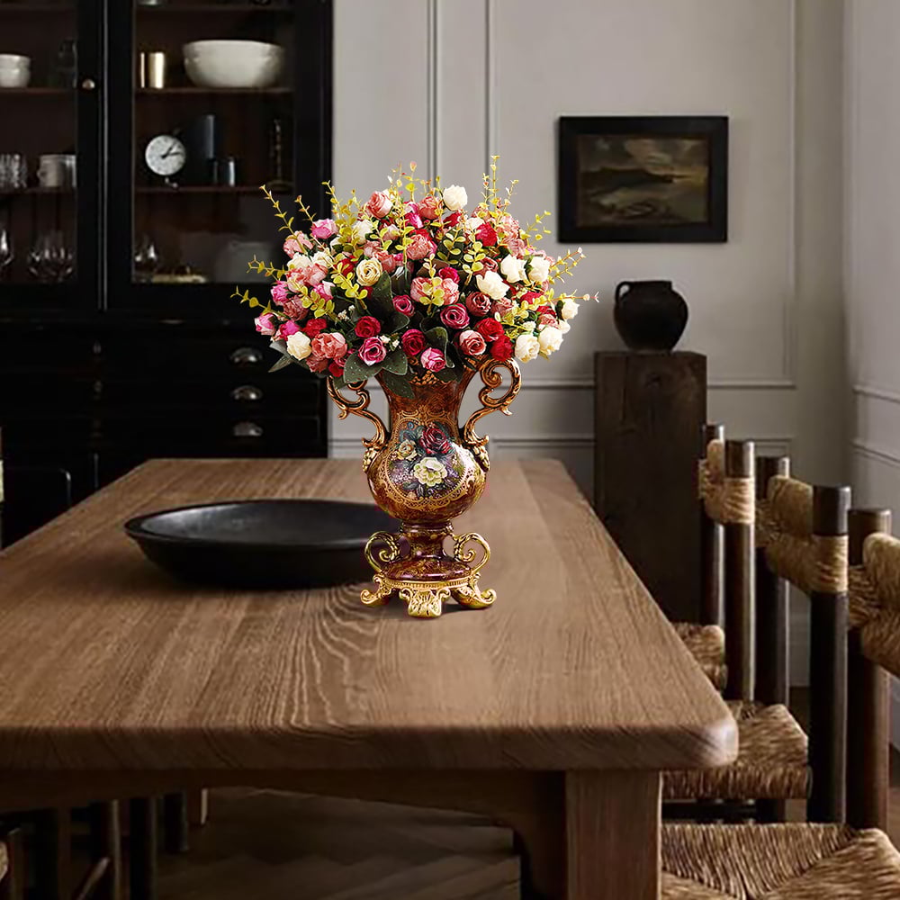 Otázky a odpovědi pro Evropská umělá vintage sada váz s aranžmá květin Zlatá pryskyřičná váza Falešná květina