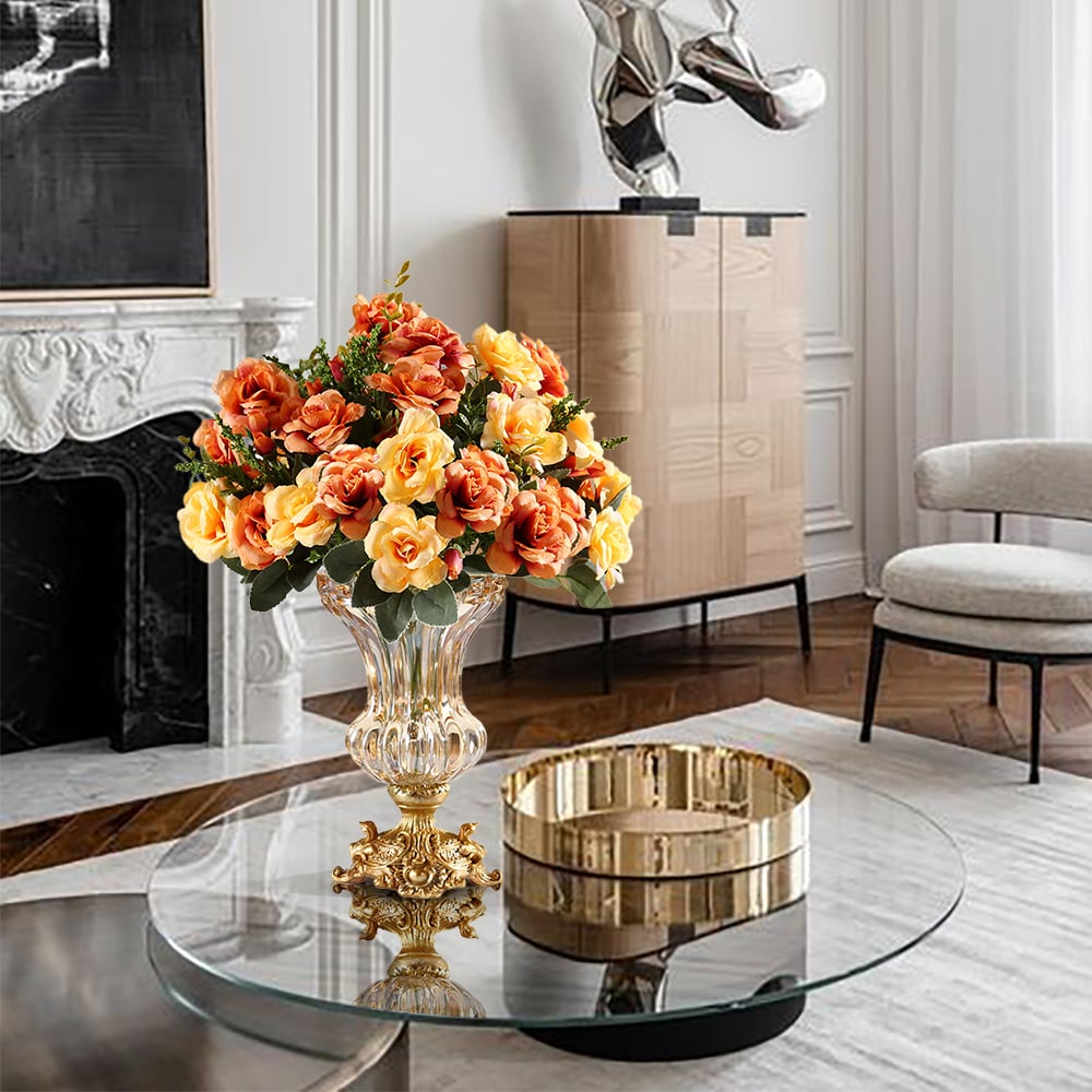 Questions et Réponses pour Vase sculpté en cristal doré de style rétro européen avec fleurs artificielles dans un ensemble de vases