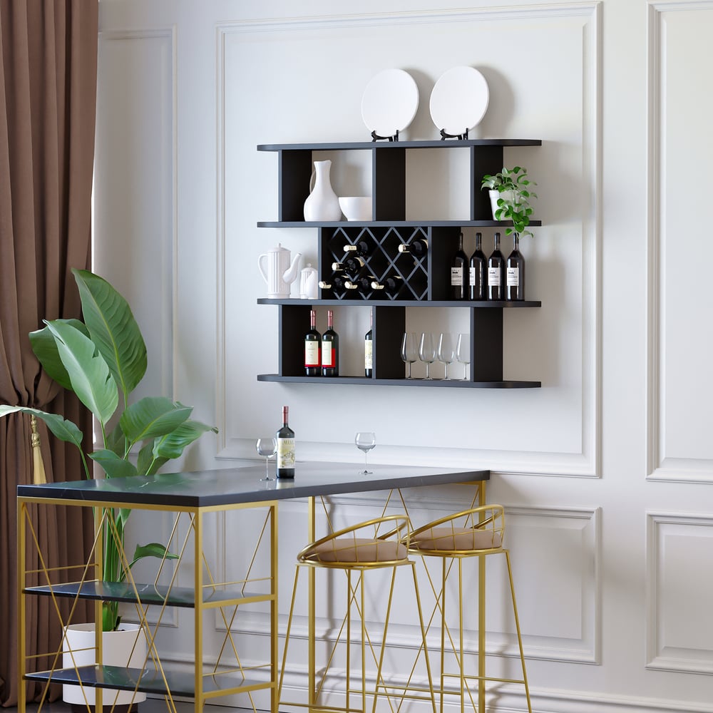 Perguntas e respostas para Prateleira de vinho contemporânea montada na parede em preto