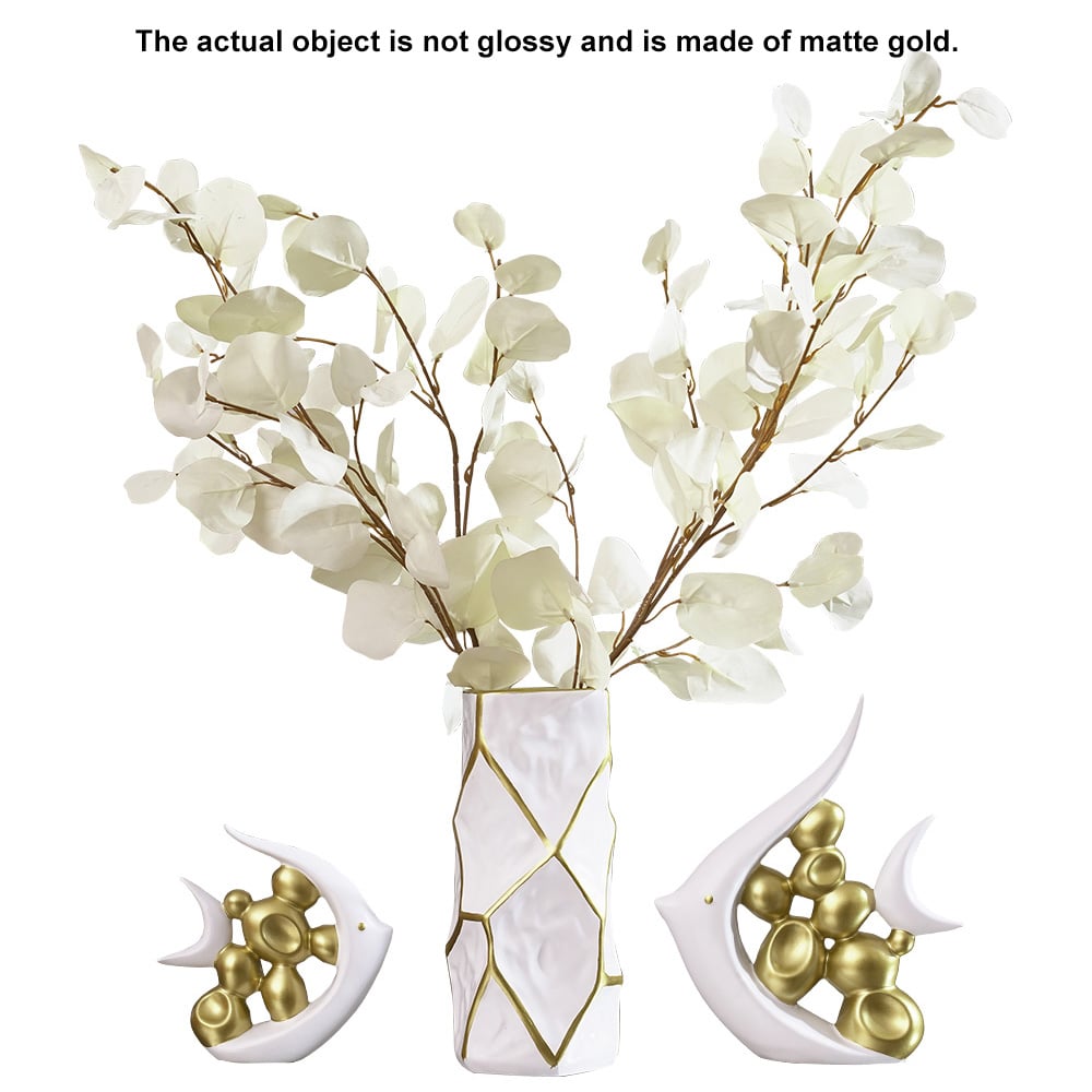 Questions and Answers for Matte Gold Pair of Fish Resin Ornaments White Artificial Plant Arrangement in Gold Vase