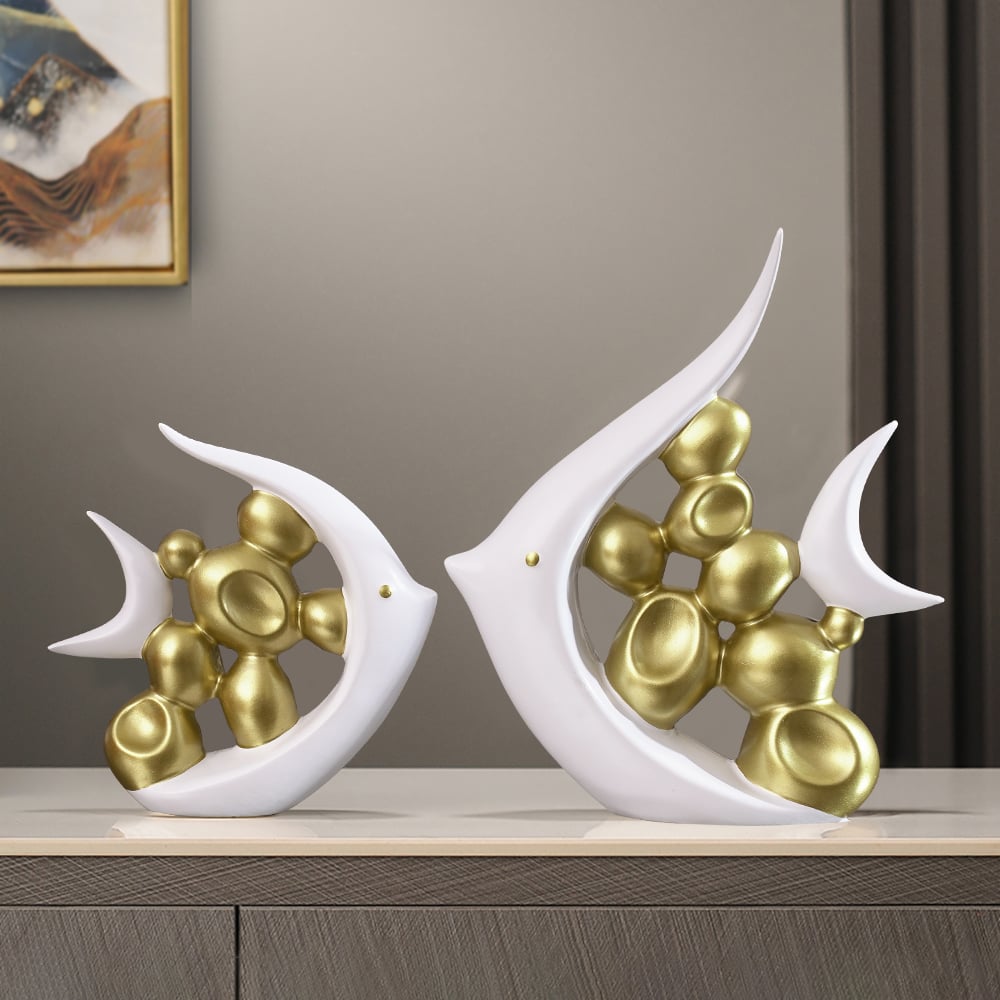 Questions and Answers for Matte Gold Pair of Fish Resin Ornaments White Artificial Plant Arrangement in Gold Vase