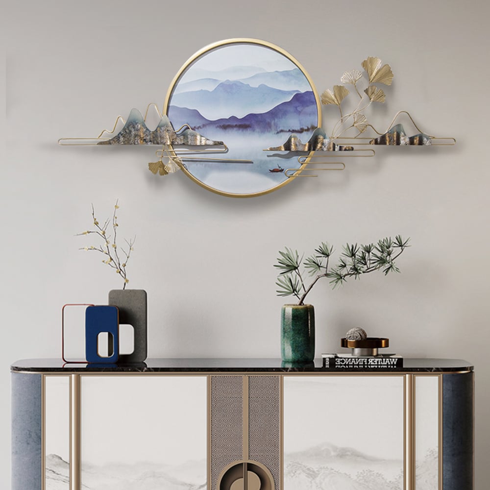Questions et Réponses pour Décoration murale moderne en métal doré et bleu avec motifs de paysage pour salon