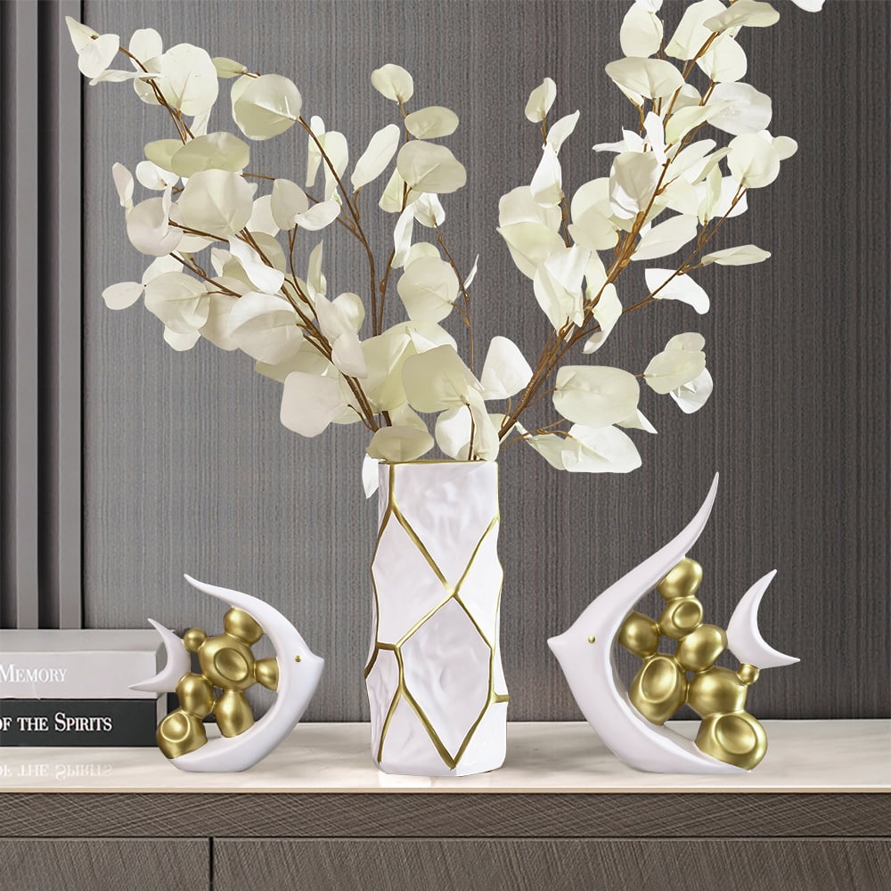 Questions and Answers for Matte Gold Pair of Fish Resin Ornaments White Artificial Plant Arrangement in Gold Vase