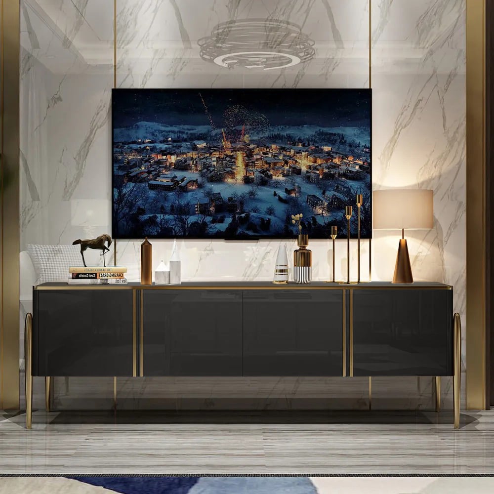 Questions and Answers for Black TV Stand Rectangle Tempered Glass Media Console with Storage Doors Up To 2159mm