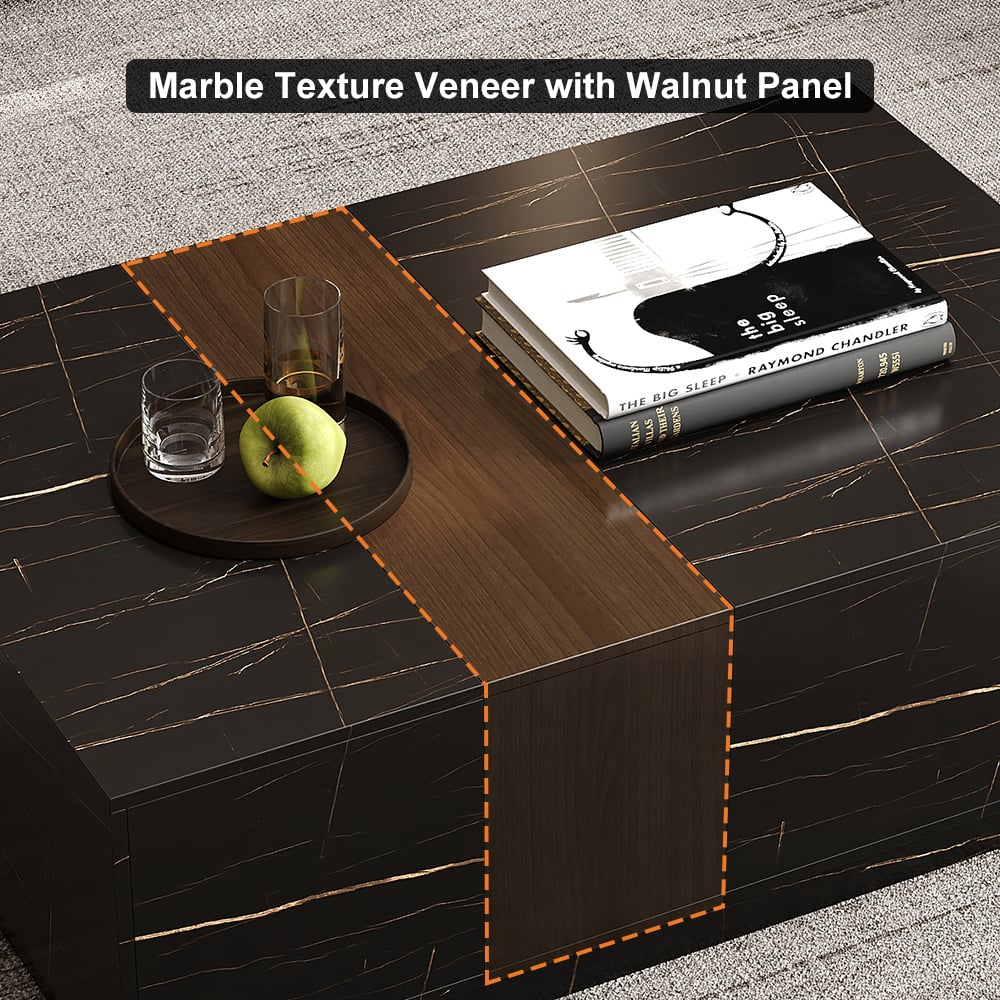 Vewal 47.2" Marble & Walnut Veneer Block Coffee Table with 2 Drawers highlight image