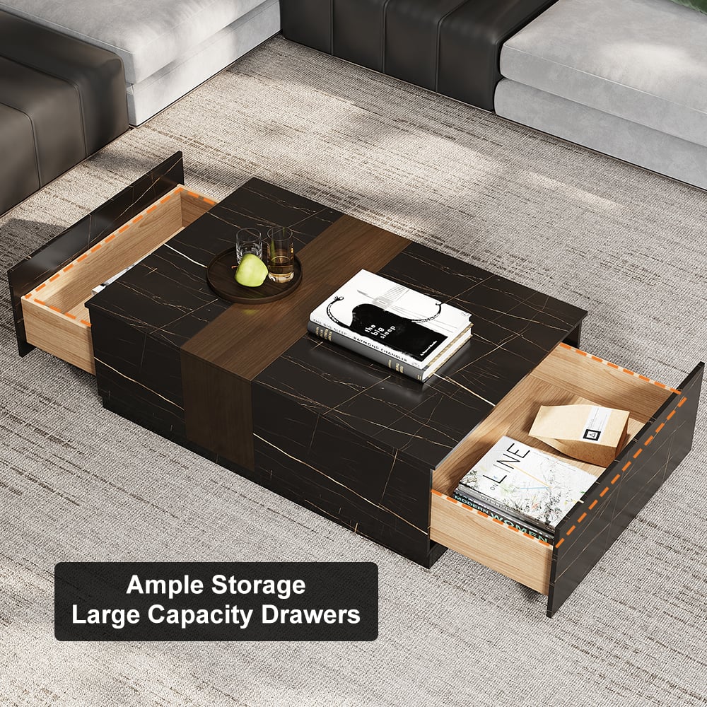 Vewal 47.2" Marble & Walnut Veneer Block Coffee Table with 2 Drawers highlight image