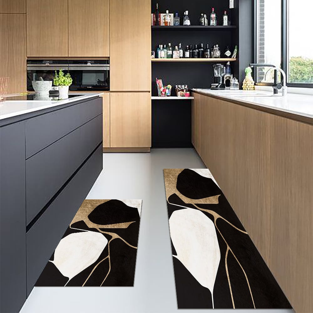 Pytania i odpowiedzi dla 2PCS Abstrakcyjna złota i czarna mata do biegania diatom Antypoślizgowy chłonny zestaw dywanów kuchennych