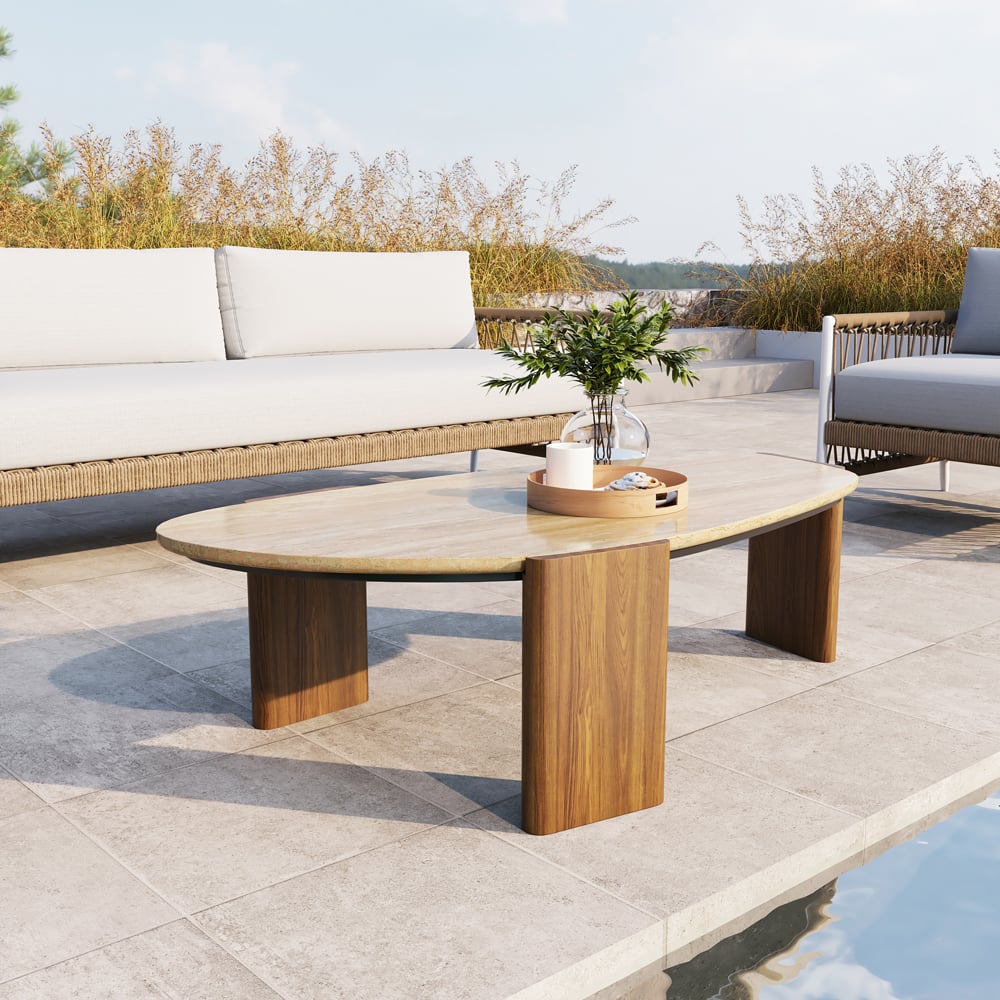 Customer Reviews for Modern Geometric Beige Outdoor Patio Travertine Coffee Table with Wood Stand in Walnut