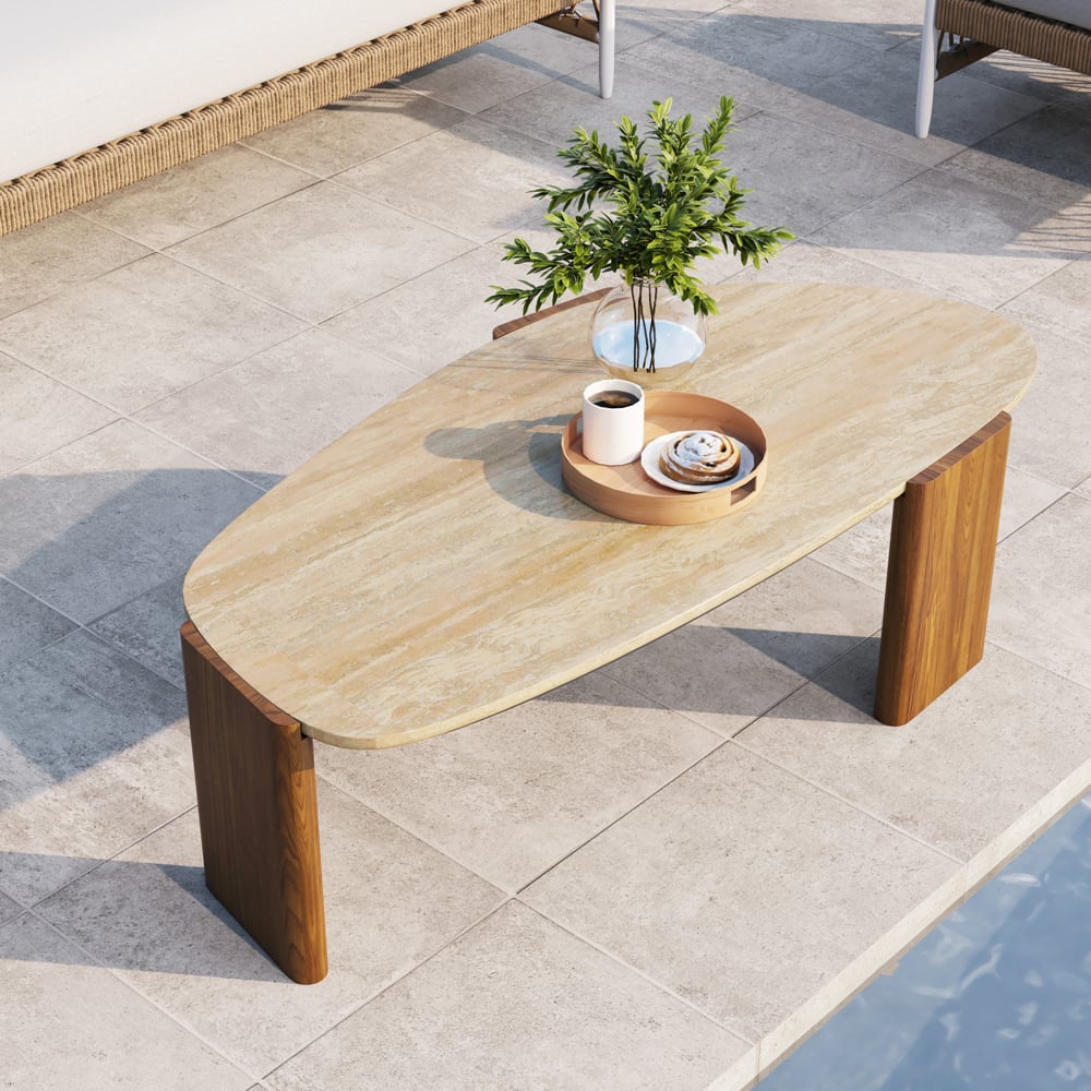 Customer Reviews for Modern Geometric Beige Outdoor Patio Travertine Coffee Table with Wood Stand in Walnut