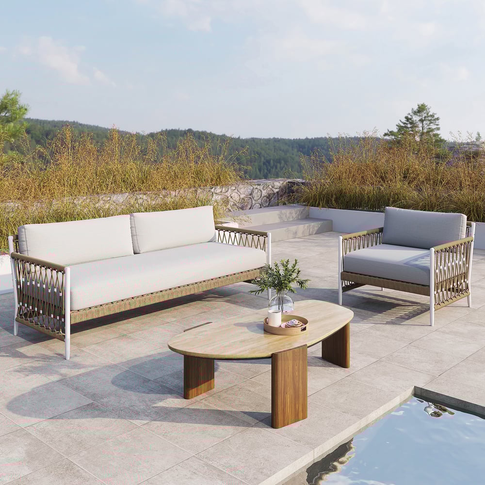 Customer Reviews for Modern Geometric Beige Outdoor Patio Travertine Coffee Table with Wood Stand in Walnut