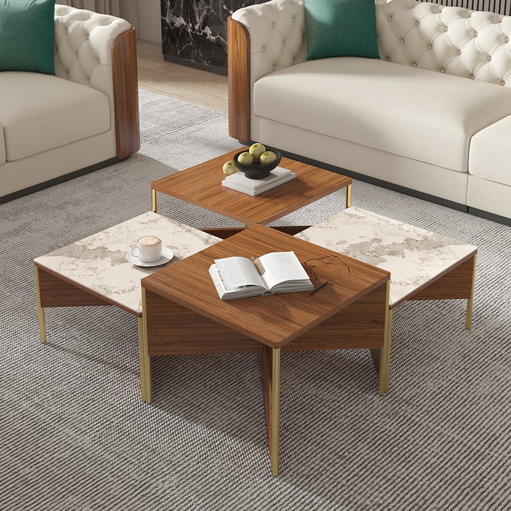 Questions et Réponses pour Table basse carrée moderne en pierre frittée Table basse en placage de noyer dans un cadre doré