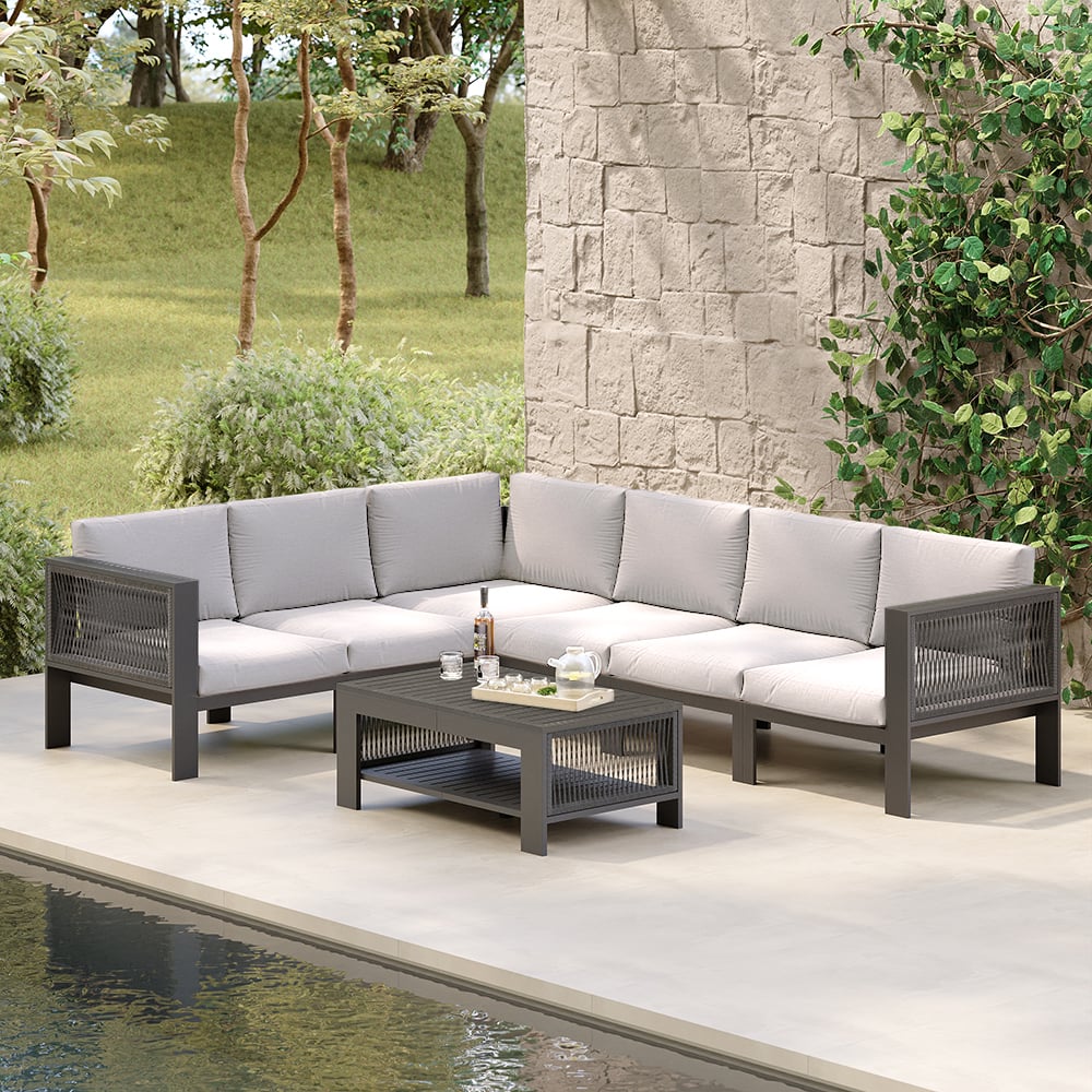 Questions and Answers for 7-Pieces Modular Aluminum L-Shaped Outdoor Sectional Sofa Set in Light Gray for 6 Person
