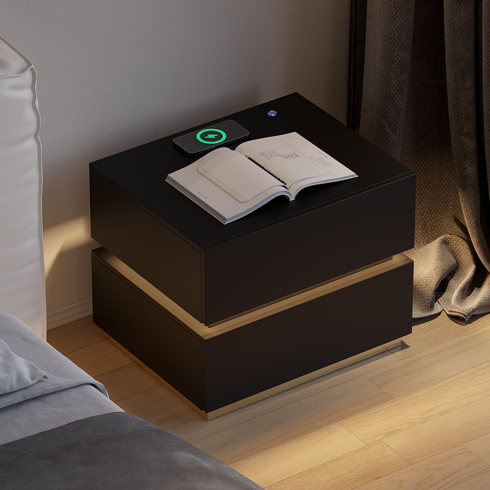 Questions and Answers for Lumio LED bedside table with 2 drawers and charging station in black