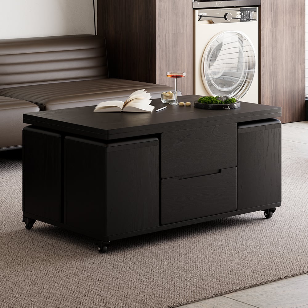 Avis Clients sur Meuble TV extensible rectangulaire en bois et ensemble de table basse noire à plateau relevable avec rangement