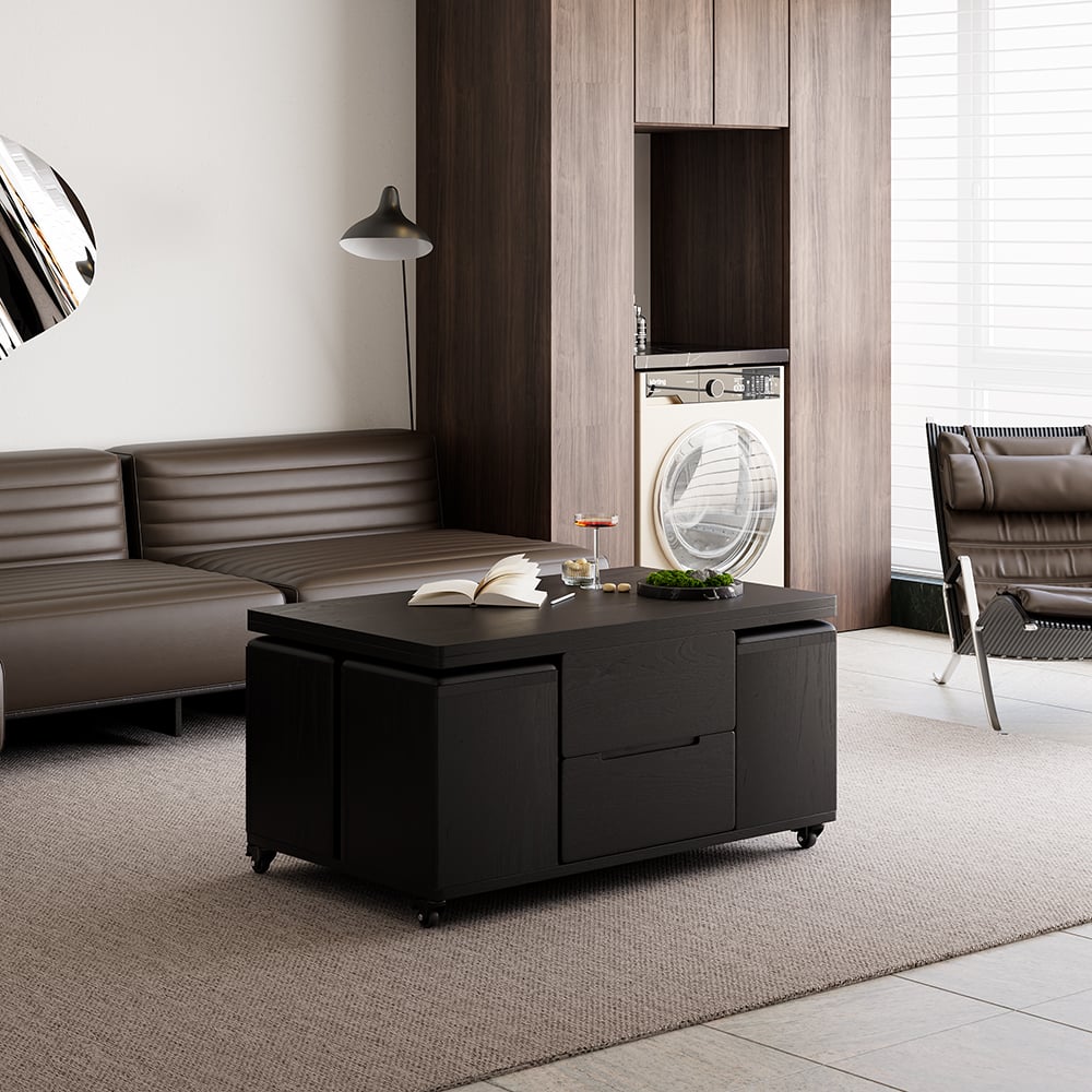 Avis Clients sur Meuble TV extensible rectangulaire en bois et ensemble de table basse noire à plateau relevable avec rangement