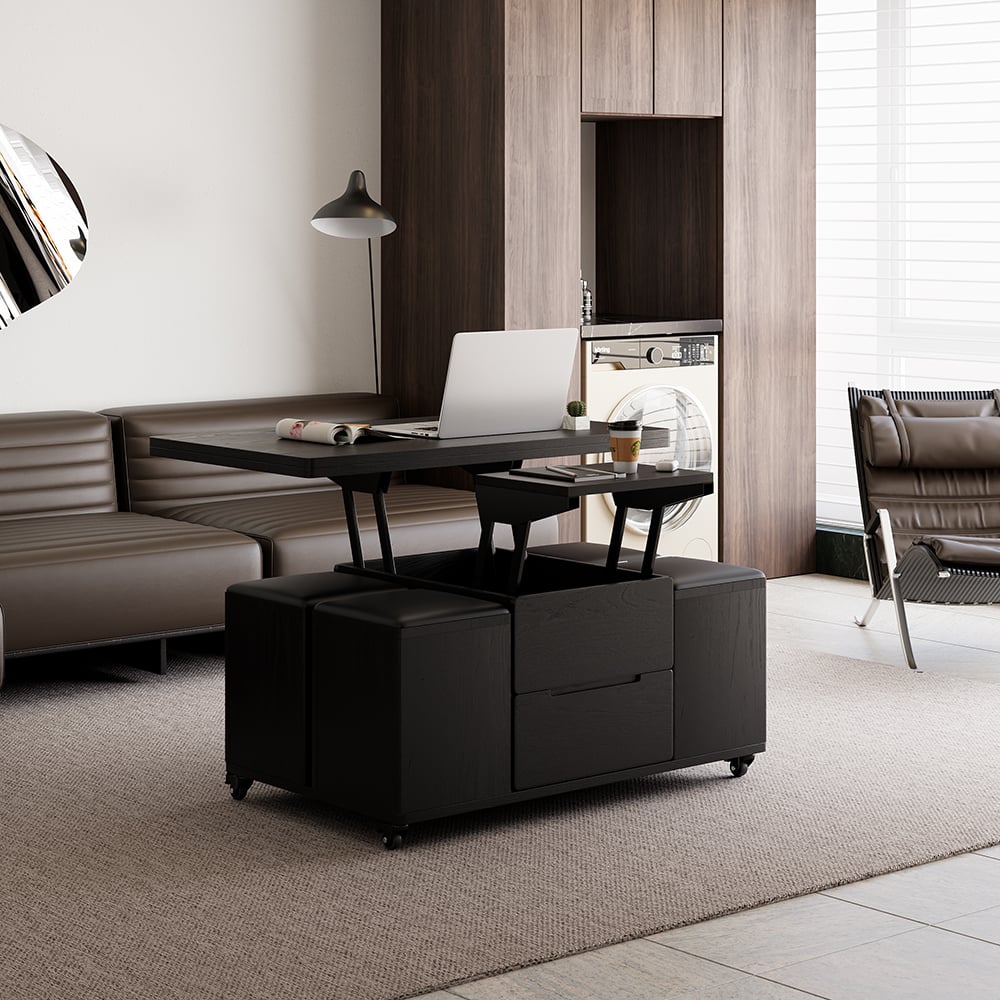 Avis Clients sur Meuble TV extensible rectangulaire en bois et ensemble de table basse noire à plateau relevable avec rangement