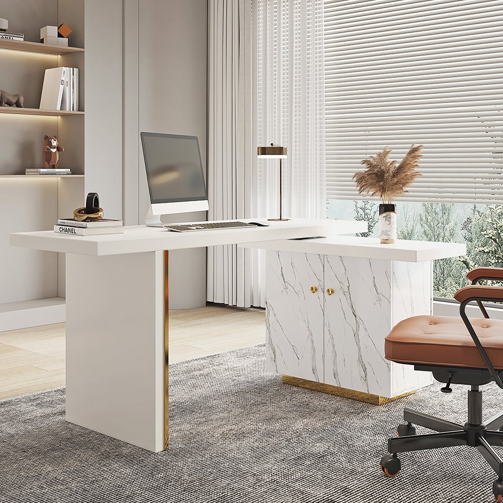 Questions and Answers for 88" Modern White L-Shape Writing Desk with Side Cabinet Wood Office Desk Gold Finish