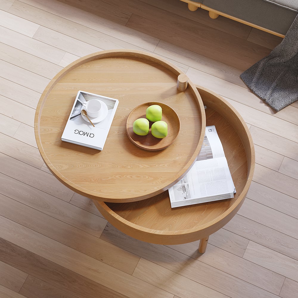 Kostenloser Versand für Moderner runder drehbarer Couchtisch aus Holz mit Stauraum & Metallbeinen in Natur｜Homary  DE