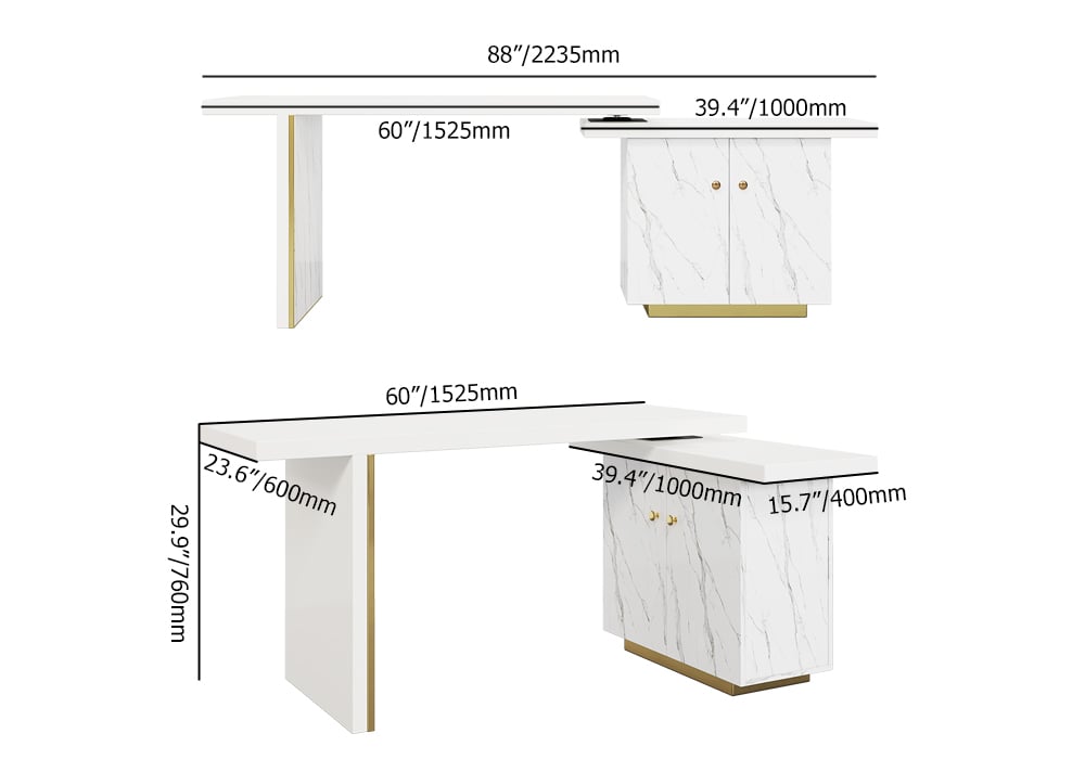 88" Modern White L-Shape Writing Desk with Side Cabinet Wood Office Desk Gold Finish weights dimensions image