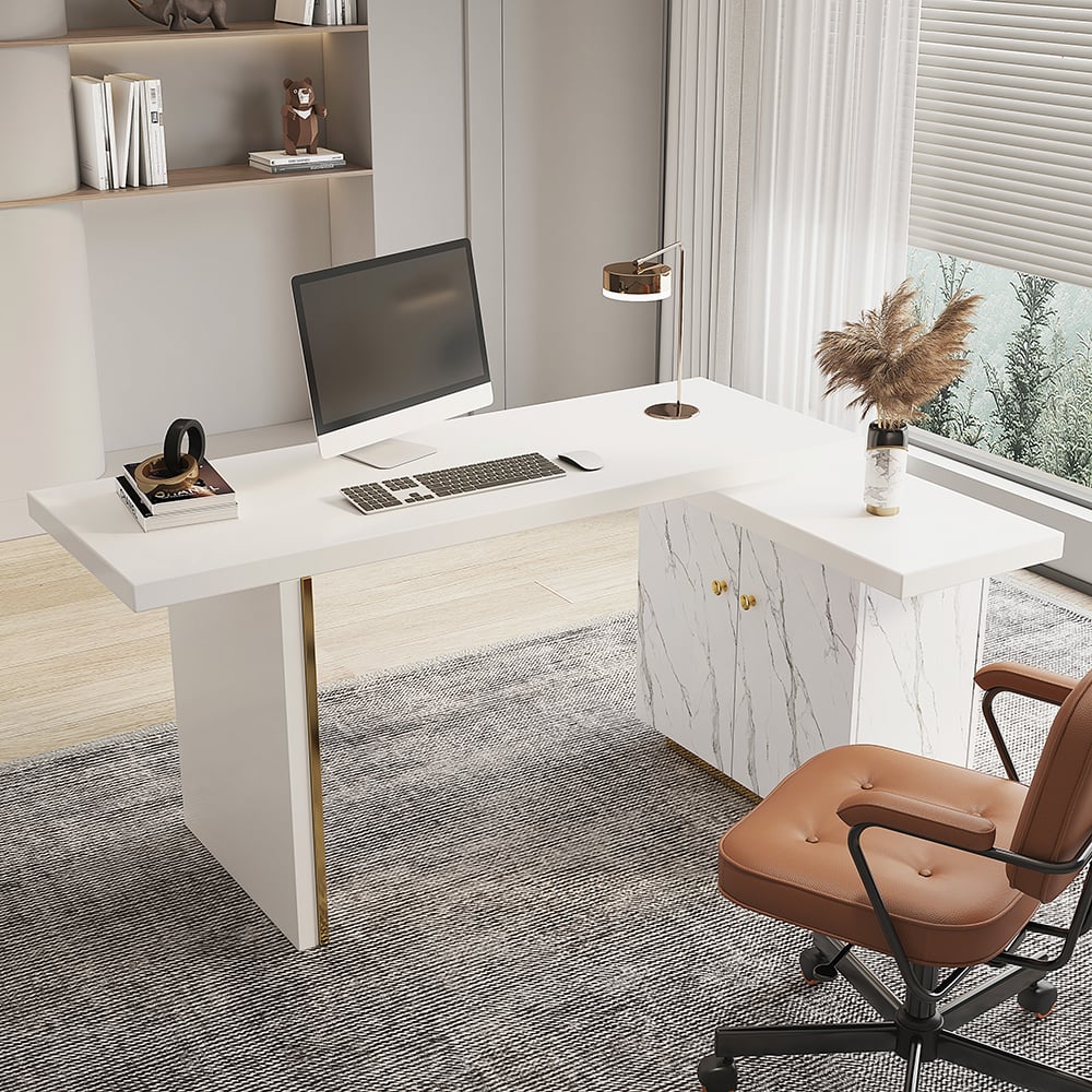 Questions and Answers for 88" Modern White L-Shape Writing Desk with Side Cabinet Wood Office Desk Gold Finish