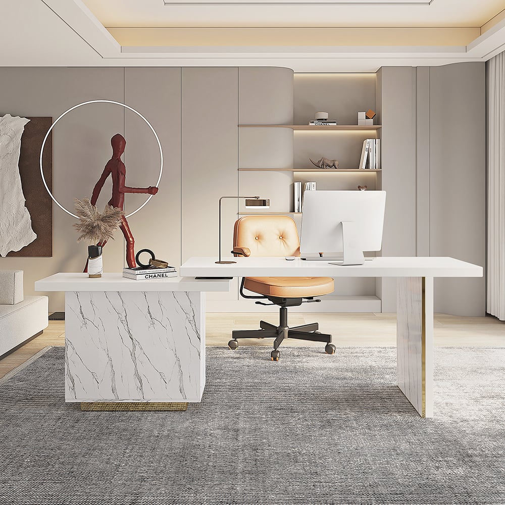 Questions and Answers for 88" Modern White L-Shape Writing Desk with Side Cabinet Wood Office Desk Gold Finish