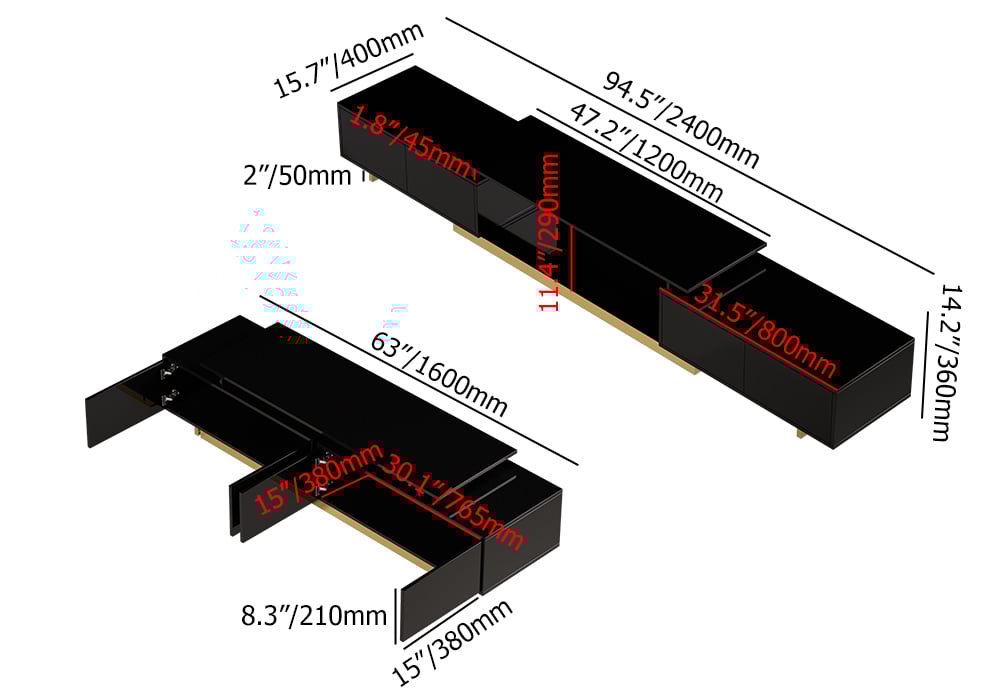 Mordelle Glossy Black Extendable TV Stand & Coffee Table Set weights dimensions image