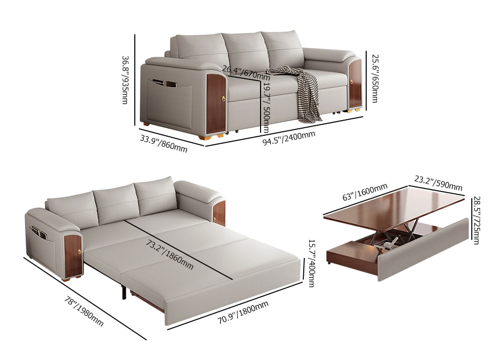 94.5" Gray Pull Out Sofa Bed Convertible Leath-Aire Sleeper with Lift-top Coffee Table weights dimensions image
