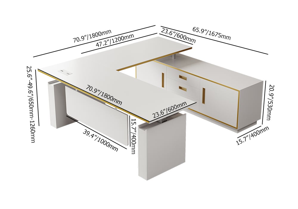 Modern White U-shaped Adjustable Height Electric Standing Desk with 2 Doors & 3 Drawers weights dimensions image