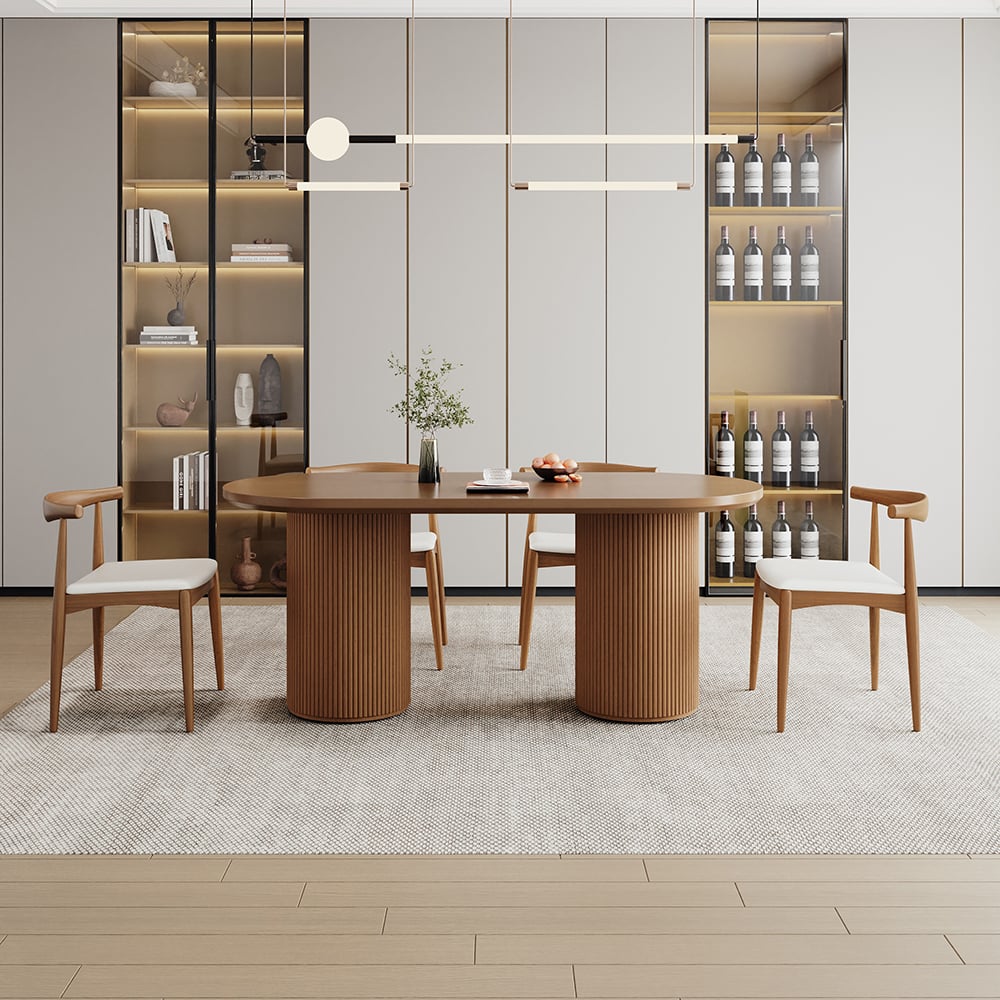Questions and Answers for 63" Japandi Style Oval Wood Dining Table Walnut Seats 4-6 People