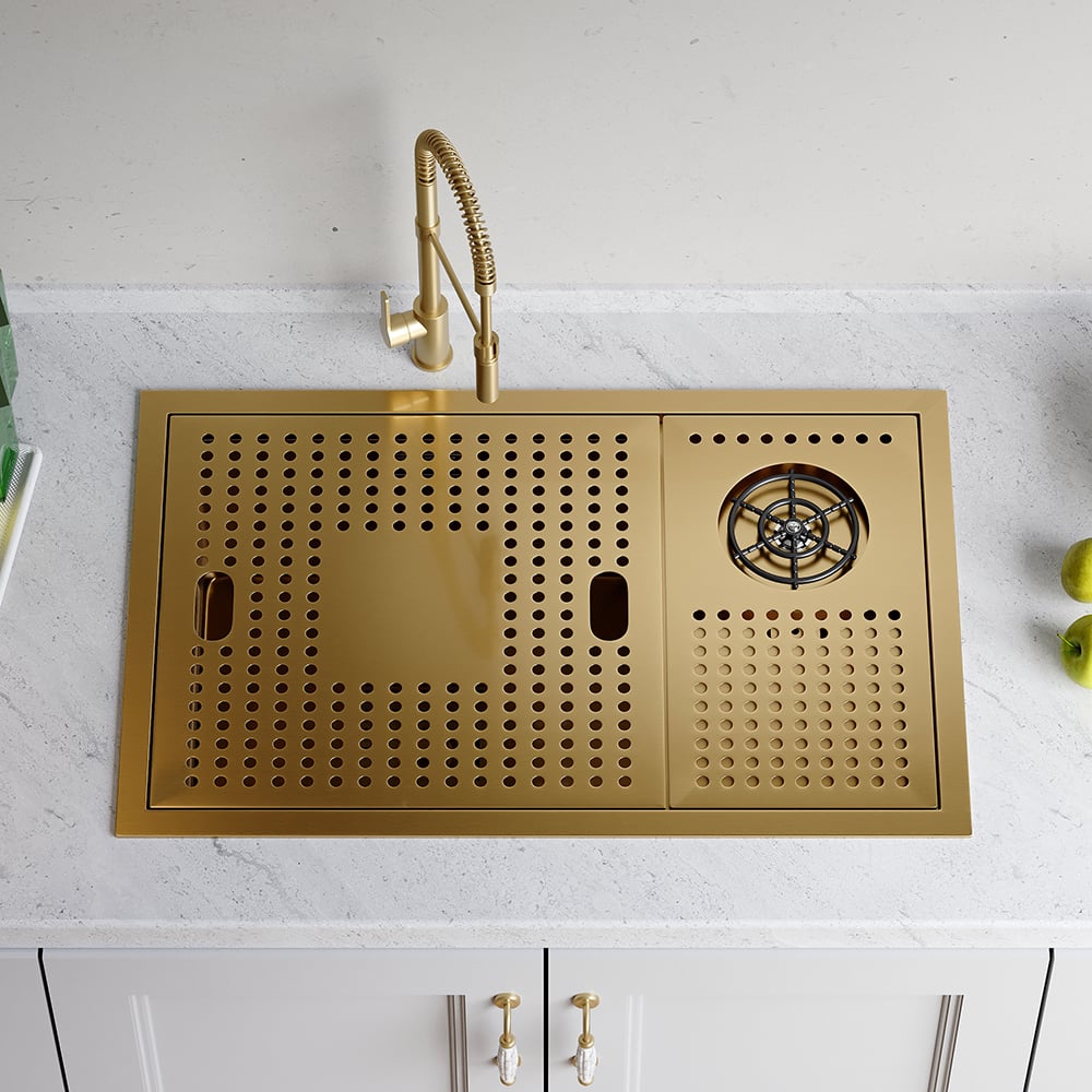 Questions et Réponses pour Évier de cuisine encastré avec rince-gobelets haute pression, lave-verres, acier inoxydable, doré
