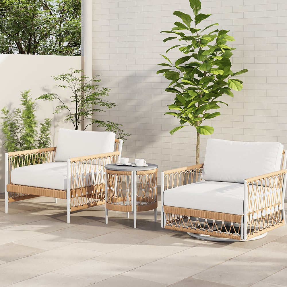 Customer Reviews for 3 Pieces Aluminum & Weave Rope Outdoor Swivel Sofa Set with Side Table in Khaki for 2