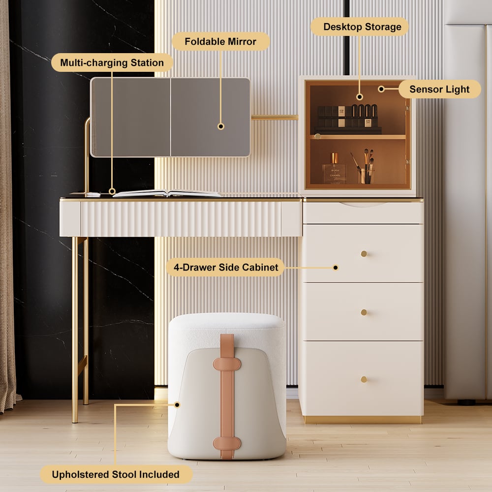 Reseñas de Clientes para Set de tocador de maquillaje blanco con espejo Chanor con almacenamiento de joyas, armario y taburete