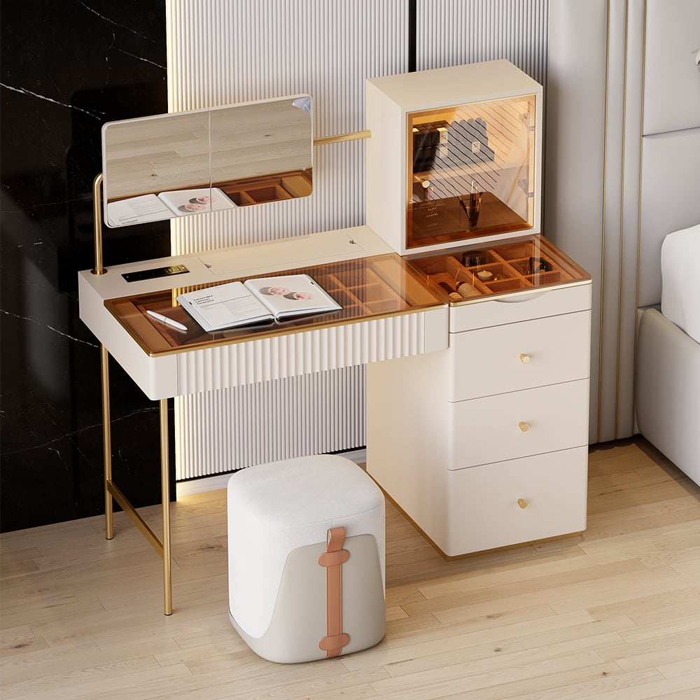 Reseñas de Clientes para Set de tocador de maquillaje blanco con espejo Chanor con almacenamiento de joyas, armario y taburete