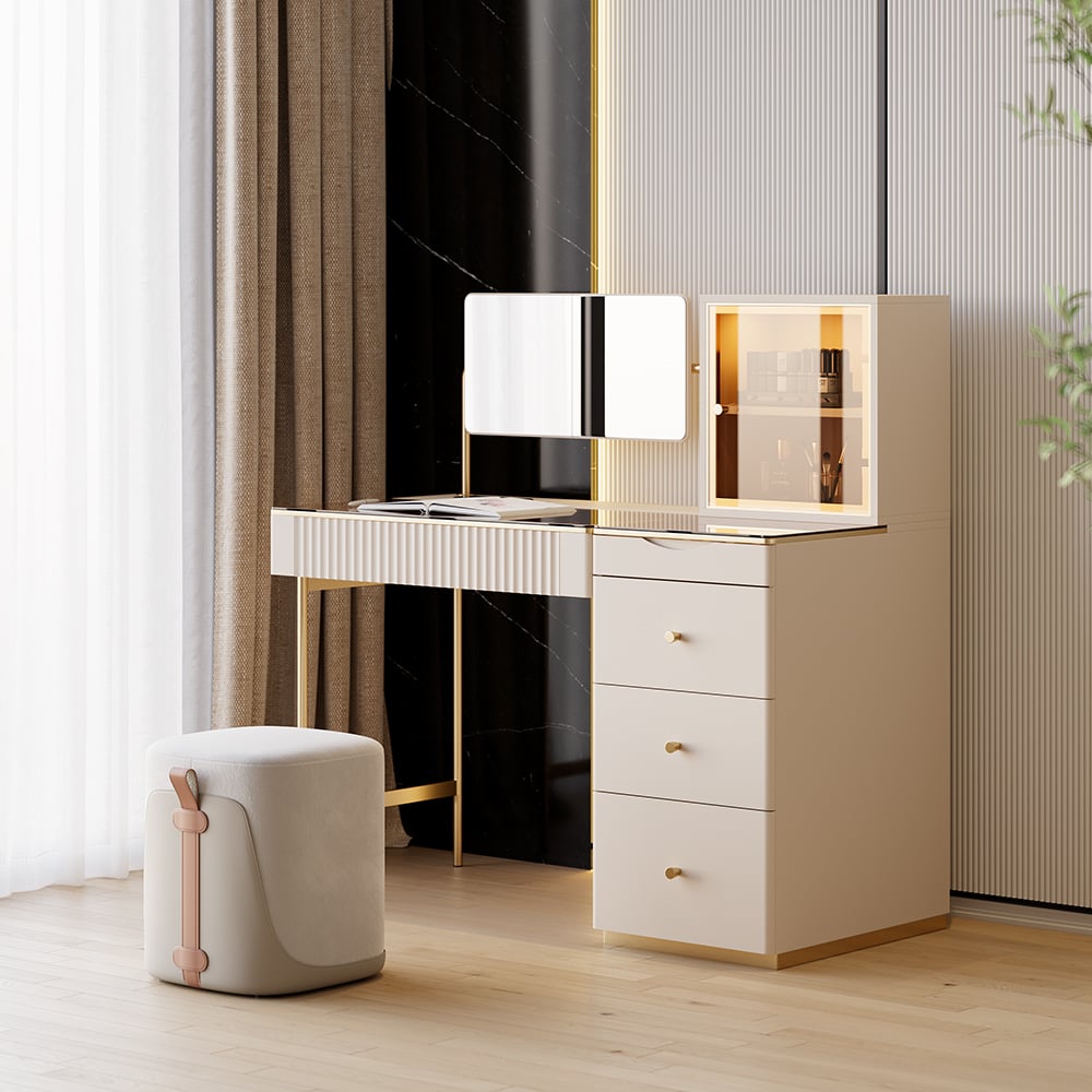 Reseñas de Clientes para Set de tocador de maquillaje blanco con espejo Chanor con almacenamiento de joyas, armario y taburete