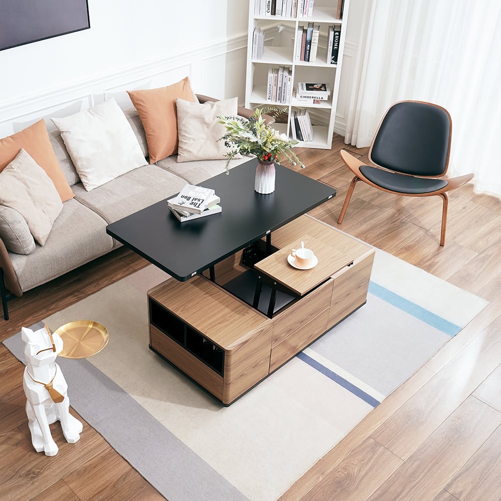 Vragen en antwoorden voor Uitschuifbare, hefbare salontafel, multifunctionele tafel met 3 laden, walnoot en zwart