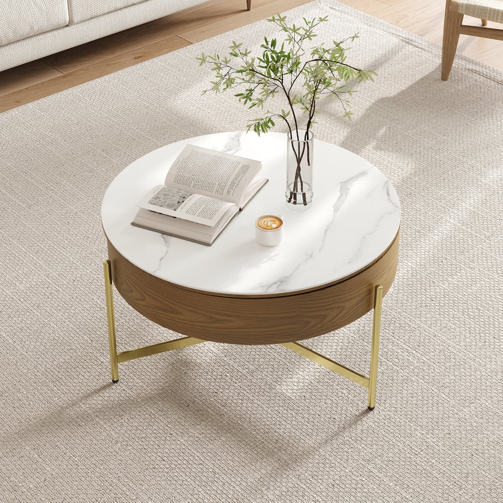 Questions and Answers for Round Lift-Top White & Walnut Coffee Table with Storage White & Walnut