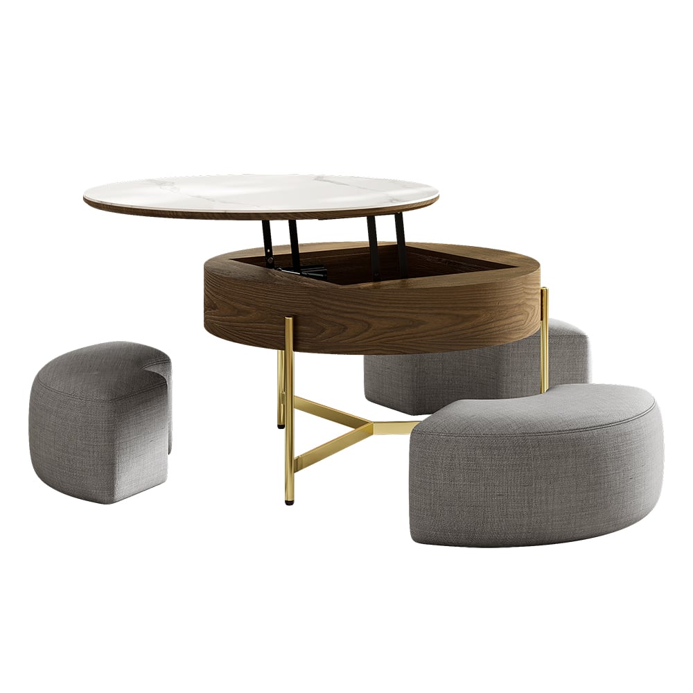 Modern 32" Round Lift-top Coffee Table Set with 3 Ottomans & Tempered Glass Top