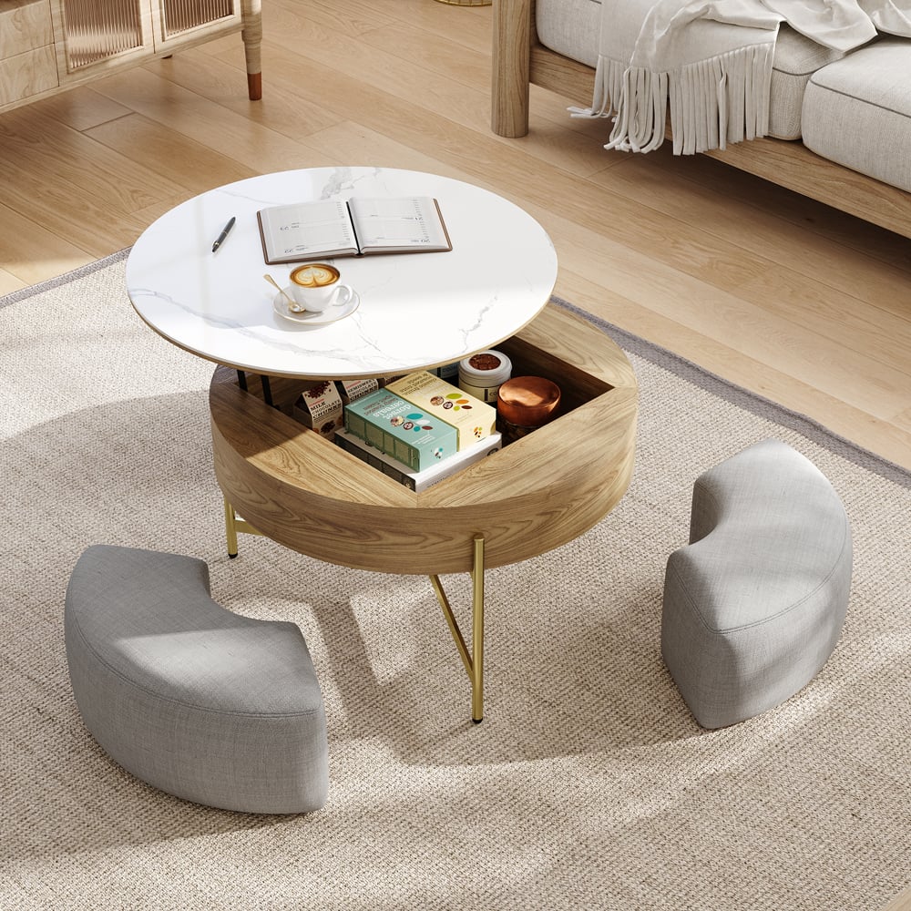 Questions et Réponses pour Ensemble de table basse élévatrice ronde blanche et naturelle avec tabourets